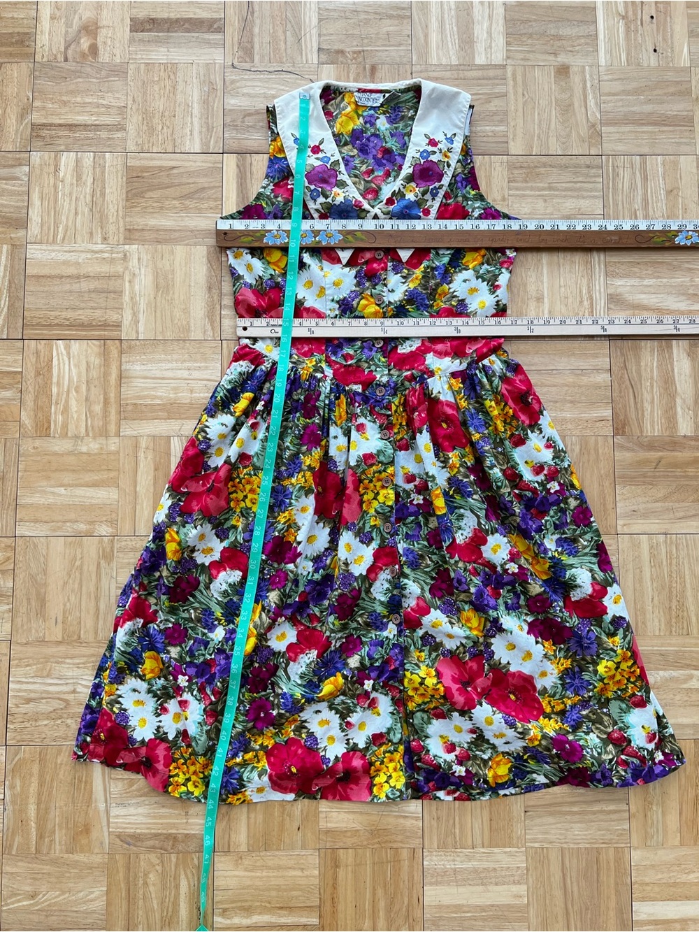 Vintage 80s 90s Whimsical Floral Sleeveless Dress Peterpan Collar Retro Large - Picture 5 of 5